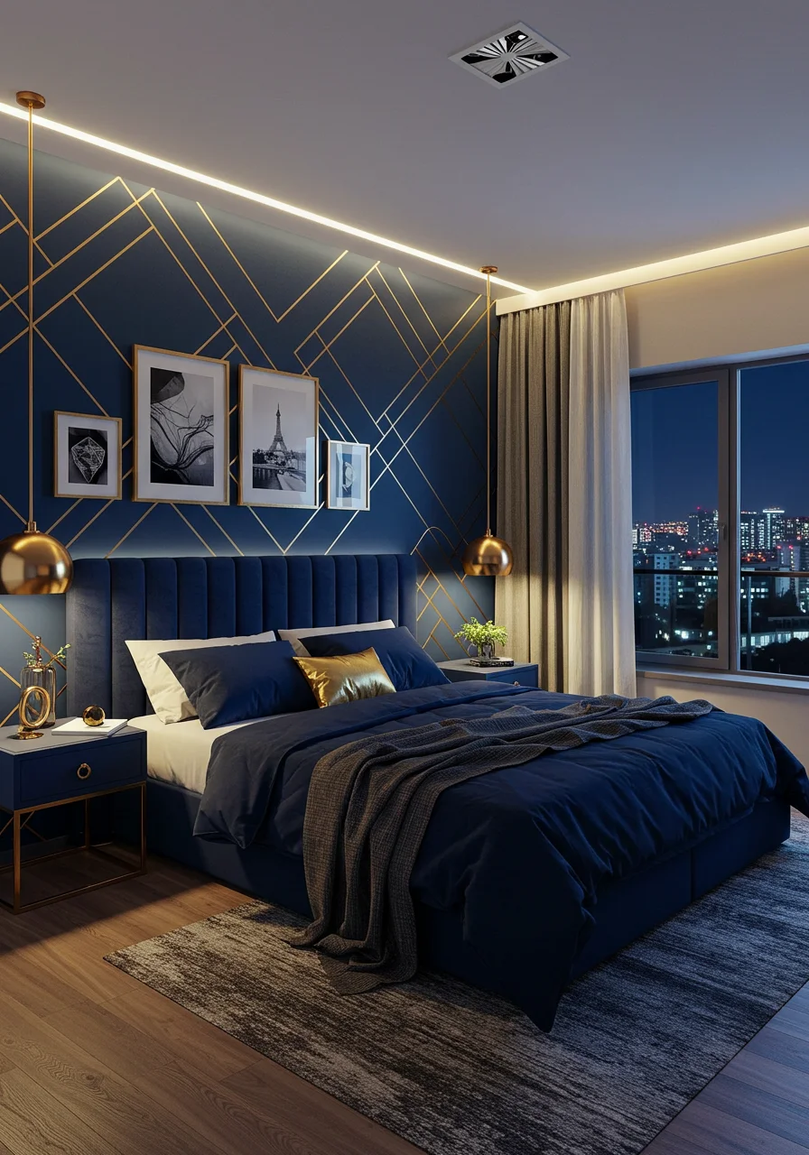 Modern Navy and Gold Bedroom