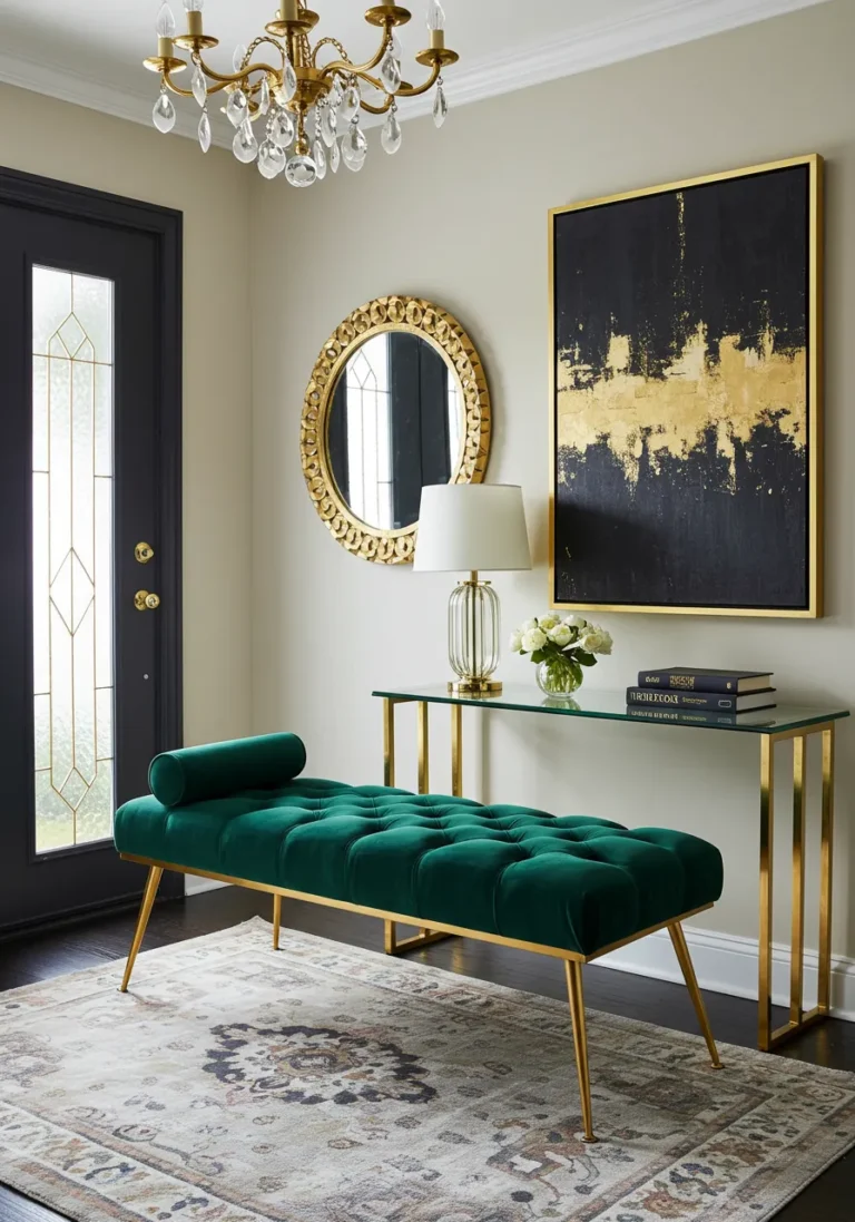 Black and Gold Glam Entryway with Velvet Bench