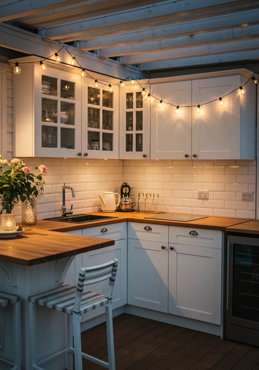 Outdoor Kitchen with Hanging String Lights